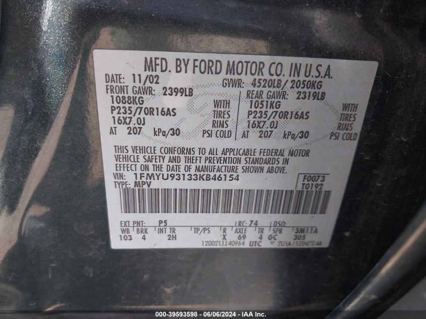 2003 Ford Escape Xlt VIN: 1FMYU93133KB46154 Lot: 39593598