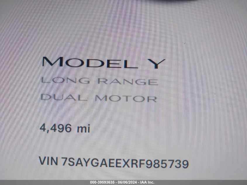 2024 Tesla Model Y Long Range Dual Motor All-Wheel Drive VIN: 7SAYGAEEXRF985739 Lot: 39593635