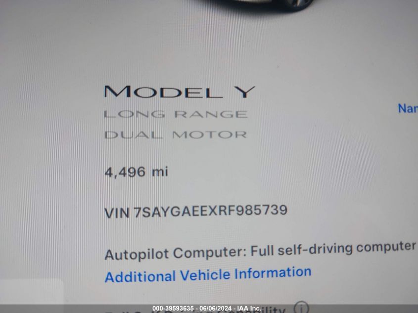 2024 Tesla Model Y Long Range Dual Motor All-Wheel Drive VIN: 7SAYGAEEXRF985739 Lot: 39593635