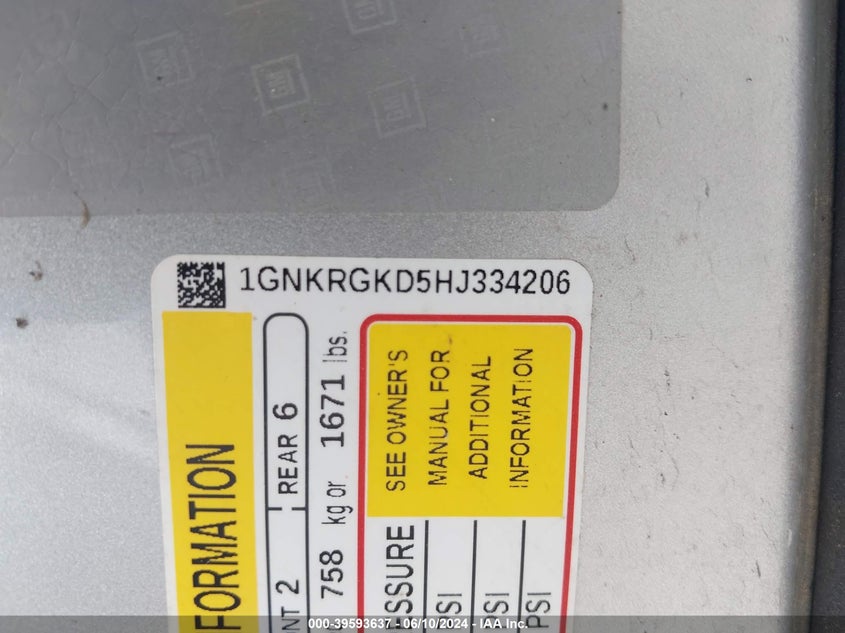 2017 Chevrolet Traverse 1Lt VIN: 1GNKRGKD5HJ334206 Lot: 39593637