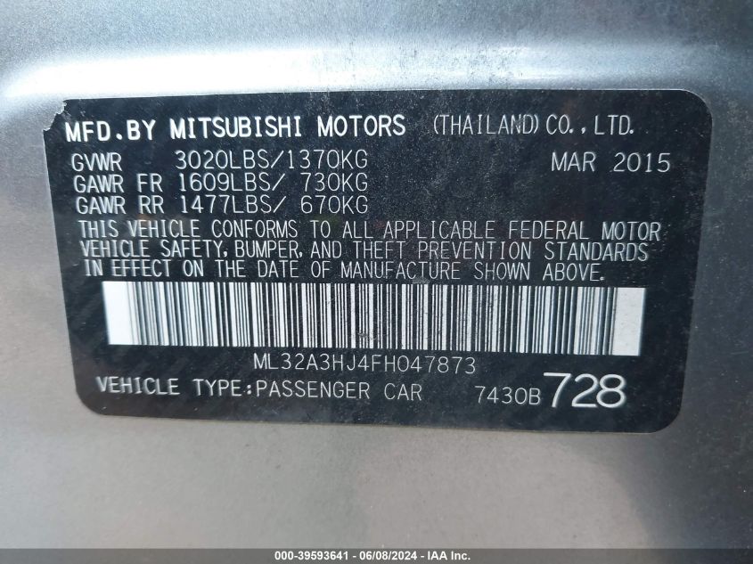 2015 Mitsubishi Mirage De VIN: ML32A3HJ4FH047873 Lot: 39593641