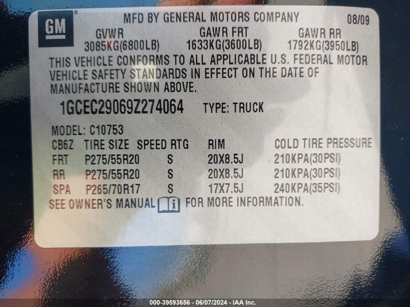 2009 Chevrolet Silverado 1500 Lt VIN: 1GCEC29069Z274064 Lot: 39593656