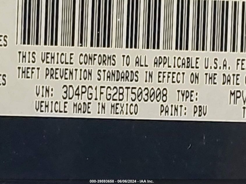 2011 Dodge Journey Mainstreet VIN: 3D4PG1FG2BT503008 Lot: 39593658