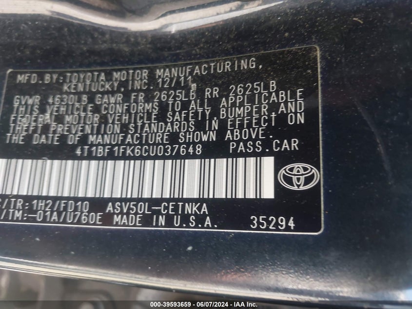 2012 Toyota Camry Le VIN: 4T1BF1FK6CU037648 Lot: 39593659