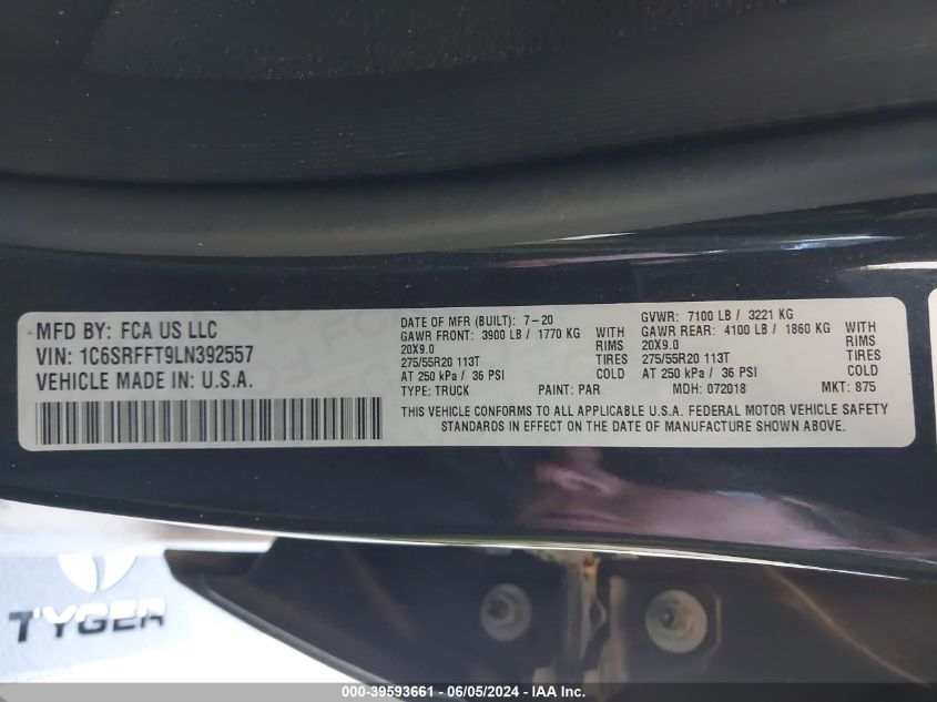 2020 Ram 1500 Big Horn 4X4 5'7 Box VIN: 1C6SRFFT9LN392557 Lot: 39593661