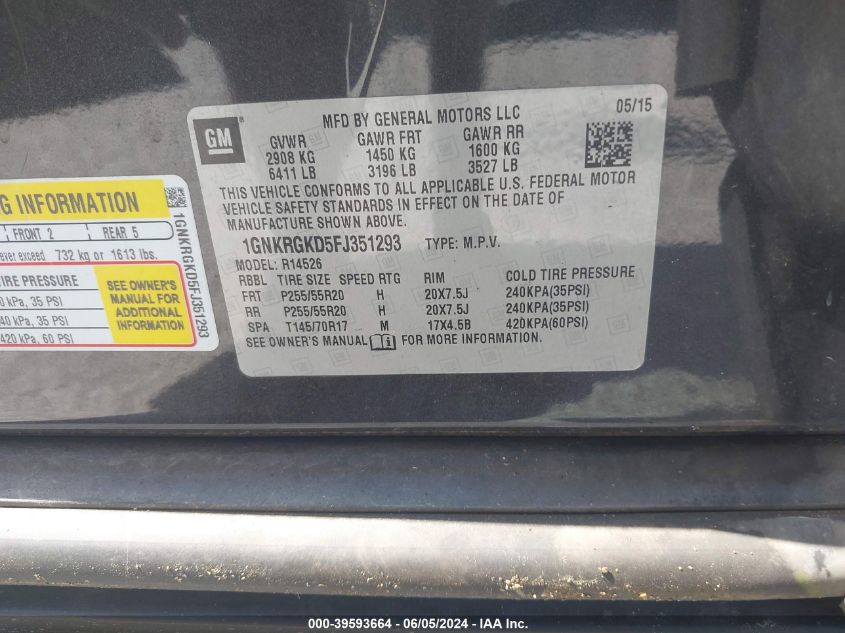 2015 Chevrolet Traverse 1Lt VIN: 1GNKRGKD5FJ351293 Lot: 39593664