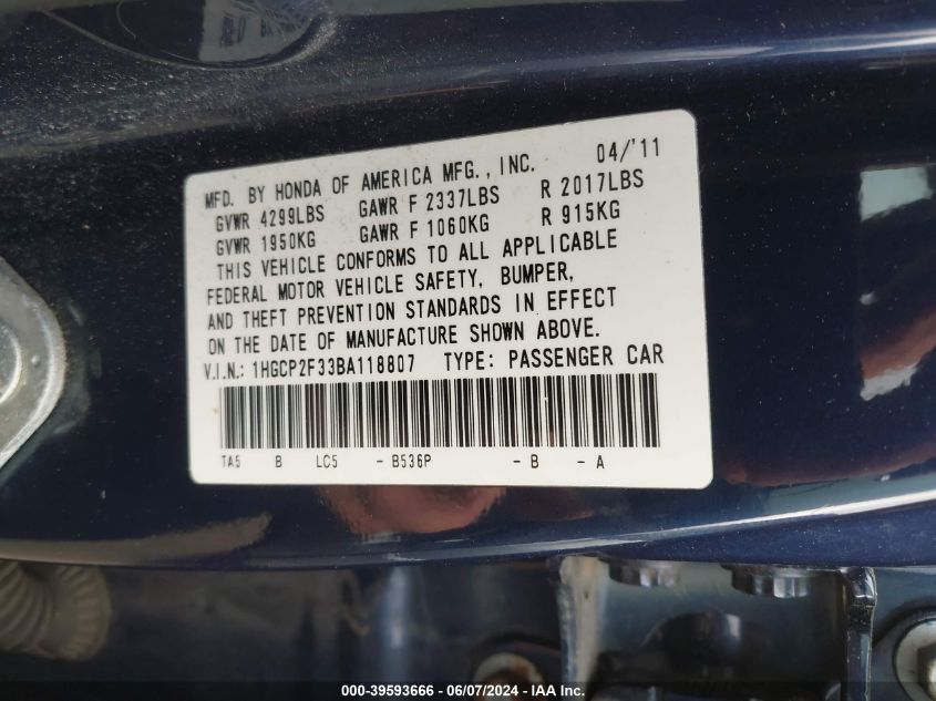 2011 Honda Accord 2.4 Lx VIN: 1HGCP2F33BA118807 Lot: 39593666