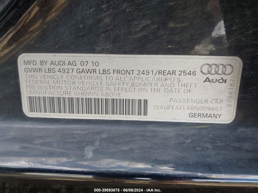 2011 Audi A4 2.0T Premium VIN: WAUFFAFL4BN009657 Lot: 39593675