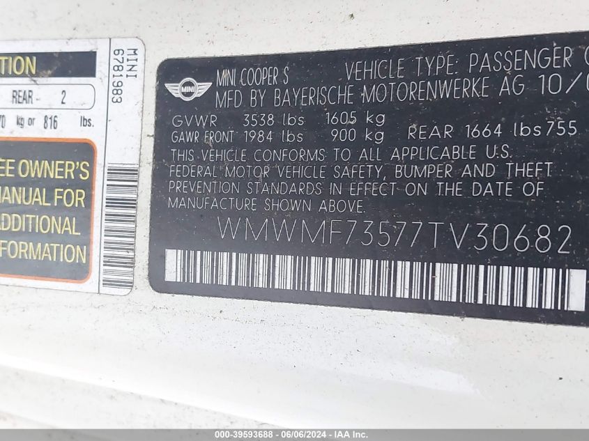 2007 Mini Cooper S VIN: WMWMF73577TV30682 Lot: 39593688