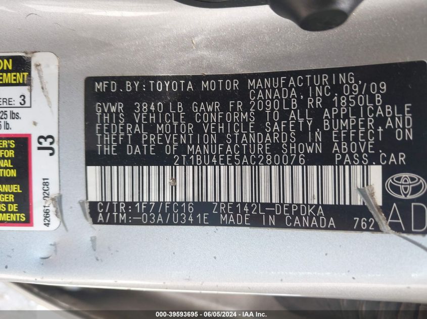 2010 Toyota Corolla Le VIN: 2T1BU4EE5AC280076 Lot: 39593695