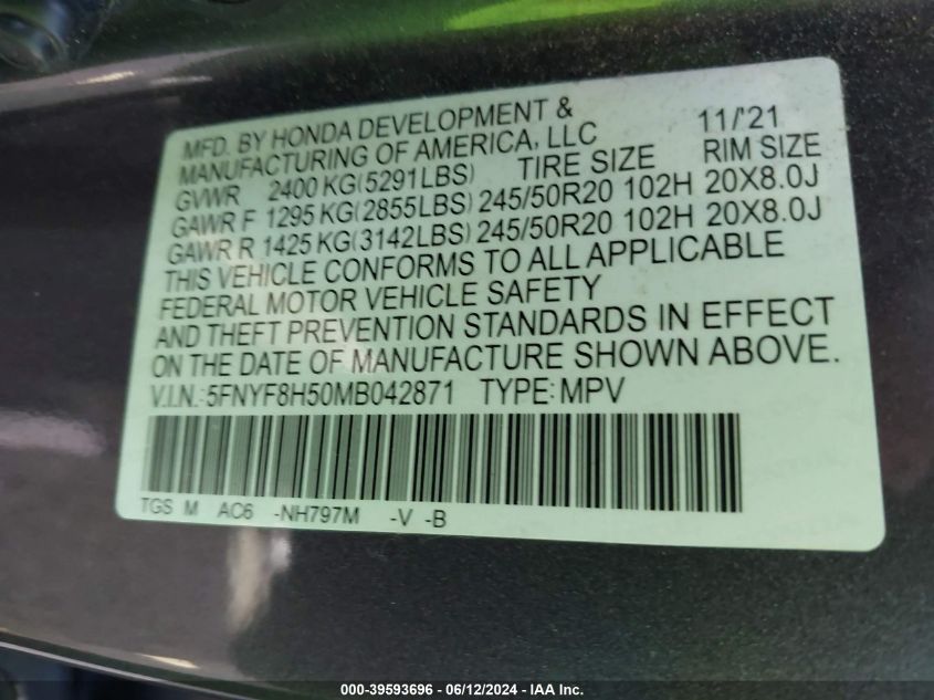 2021 Honda Passport Awd Ex-L VIN: 5FNYF8H50MB042871 Lot: 39593696