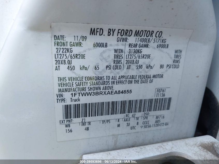 2010 Ford F-350 Cabela's/Harley-Davidson/King Ranch/Lariat/Xl/Xlt VIN: 1FTWW3BRXAEA84855 Lot: 39593698