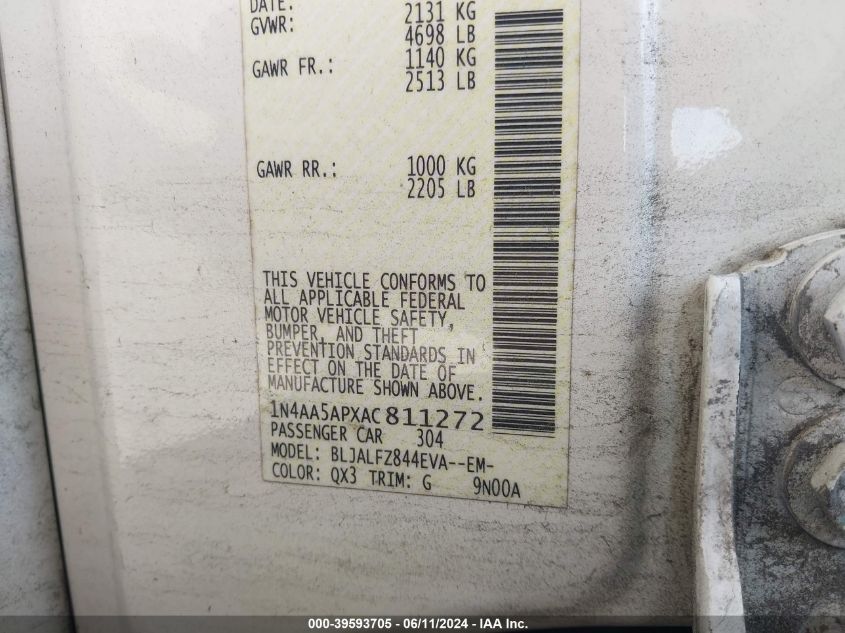 2010 Nissan Maxima 3.5 Sv VIN: 1N4AA5APXAC811272 Lot: 39593705