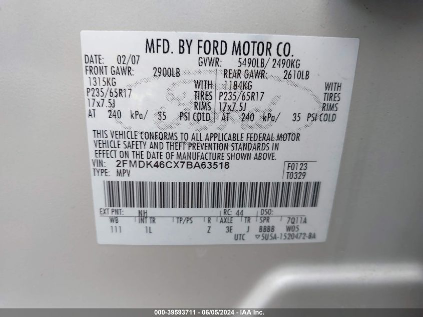 2007 Ford Edge Se VIN: 2FMDK46CX7BA63518 Lot: 39593711