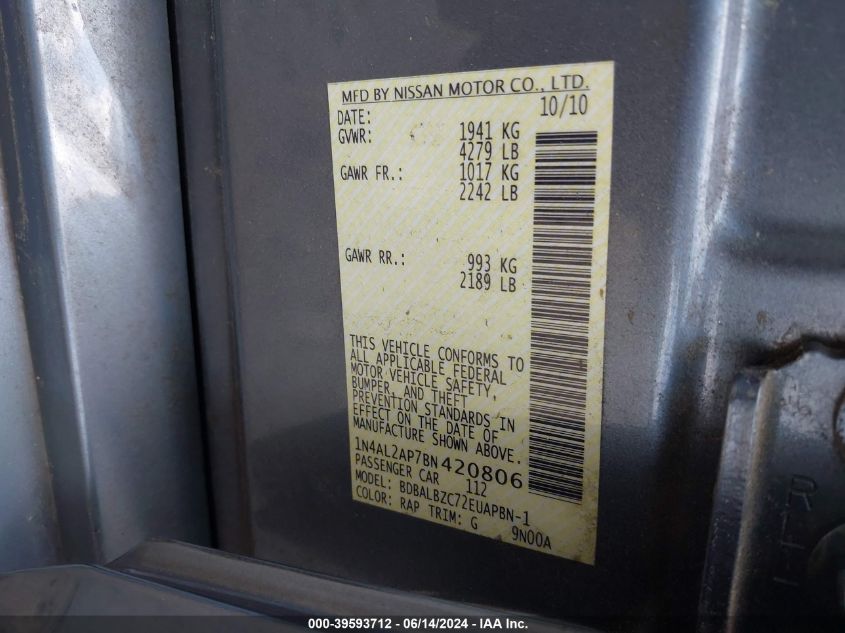 2011 Nissan Altima 2.5 S VIN: 1N4AL2AP7BN420806 Lot: 39593712