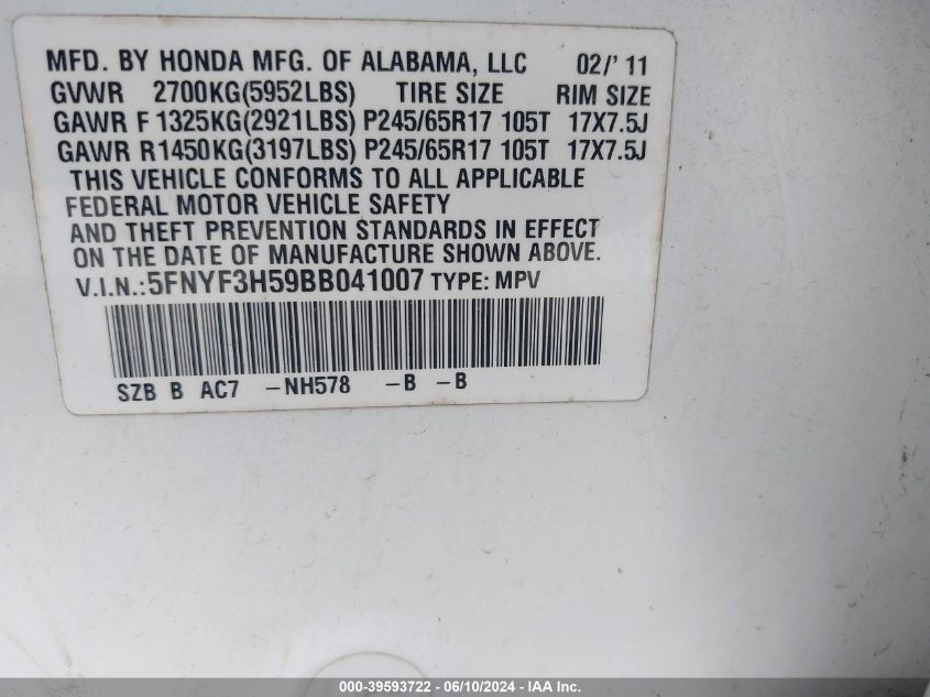 2011 Honda Pilot Ex-L VIN: 5FNYF3H59BB041007 Lot: 39593722