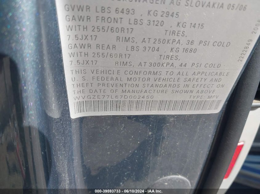 2007 Volkswagen Touareg V6 VIN: WVGZE77L67D002450 Lot: 39593733