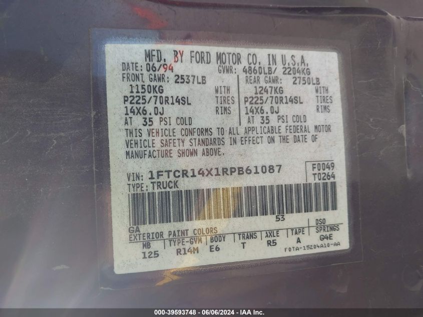 1995 Ford Ranger VIN: 1FTCR10A6SUA11095 Lot: 39593748