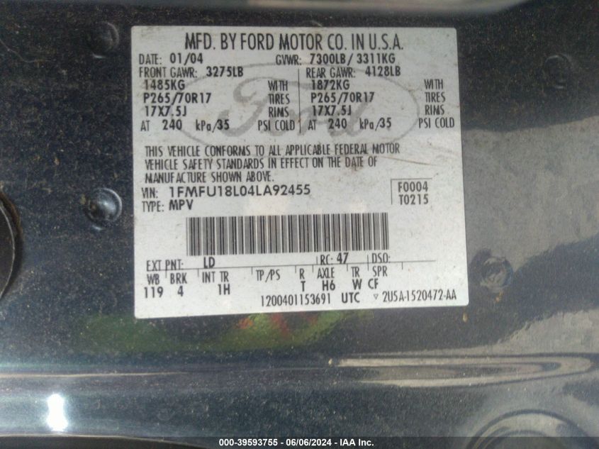 2004 Ford Expedition Eddie Bauer VIN: 1FMFU18L04LA92455 Lot: 39593755