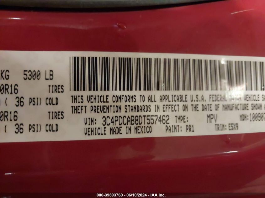 2013 Dodge Journey Se VIN: 3C4PDCAB8DT557462 Lot: 39593760