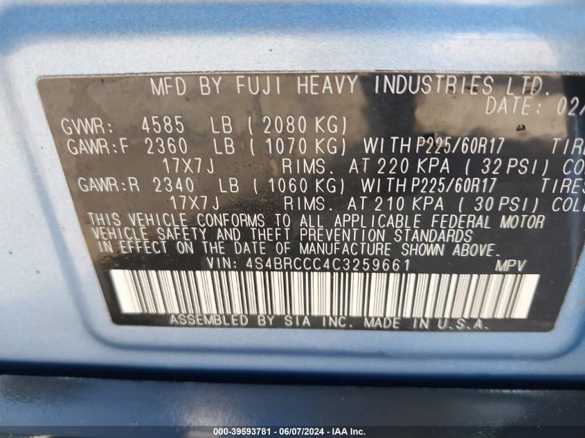 2012 Subaru Outback 2.5I Premium VIN: 4S4BRCCC4C3259661 Lot: 39593781