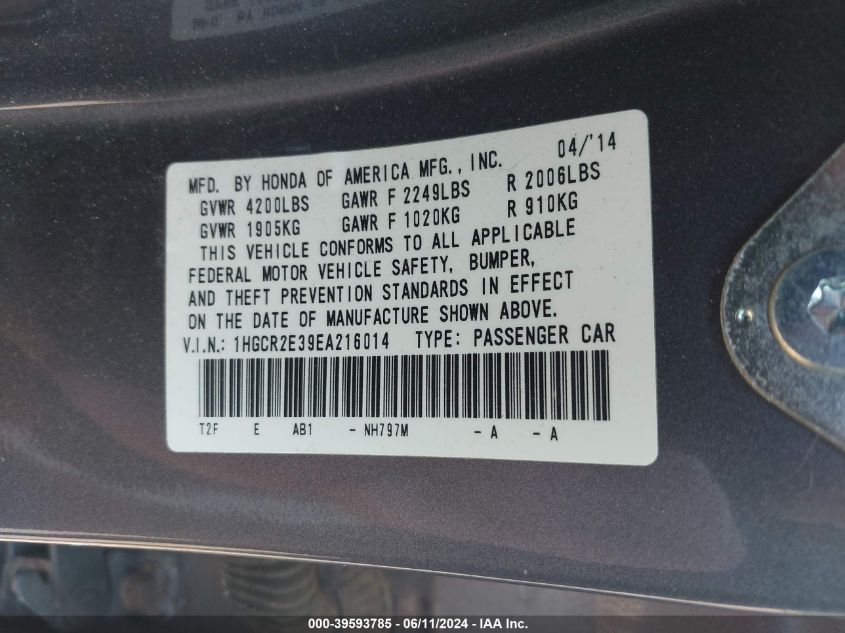 1HGCR2E39EA216014 2014 Honda Accord Lx