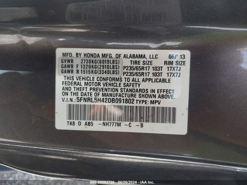 5FNRL5H42DB091802 2013 Honda Odyssey Ex
