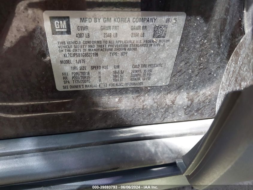 2016 Chevrolet Trax Lt VIN: KL7CJPSB1GB527199 Lot: 39593793