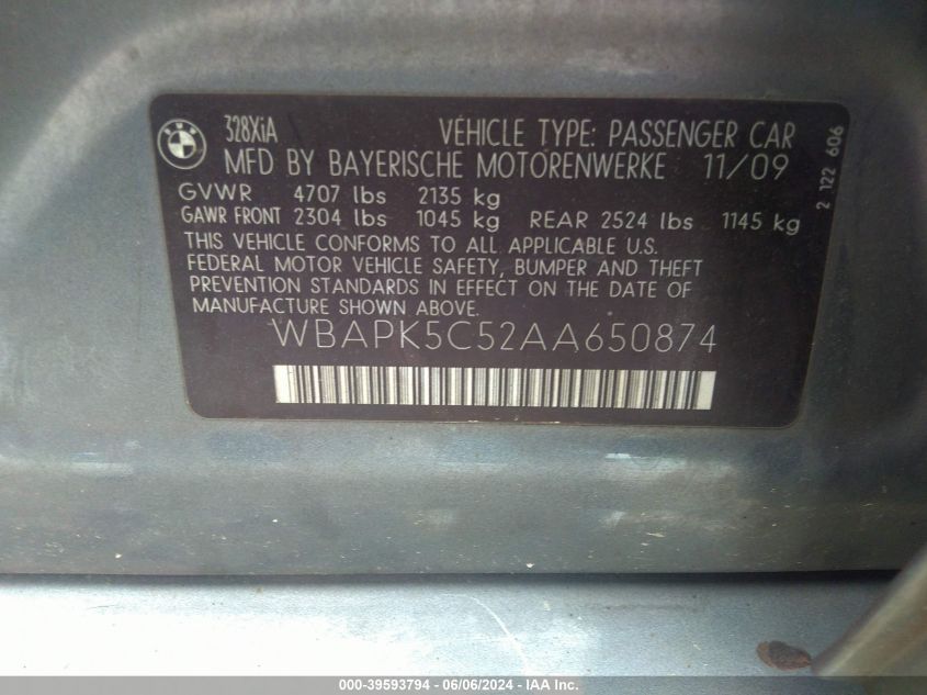 2010 BMW 328I xDrive VIN: WBAPK5C52AA650874 Lot: 39593794