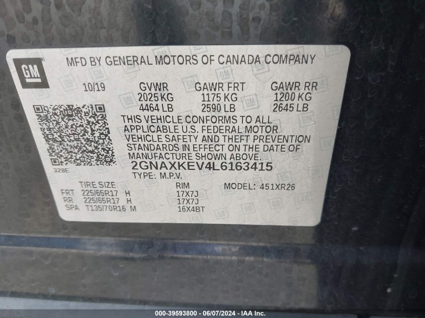 2020 Chevrolet Equinox Fwd Lt 1.5L Turbo VIN: 2GNAXKEV4L6163415 Lot: 39593800