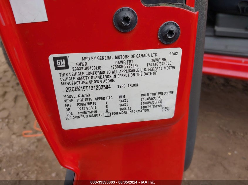 2003 Chevrolet Silverado 1500 Ls VIN: 2GCEK19T131202504 Lot: 39593803