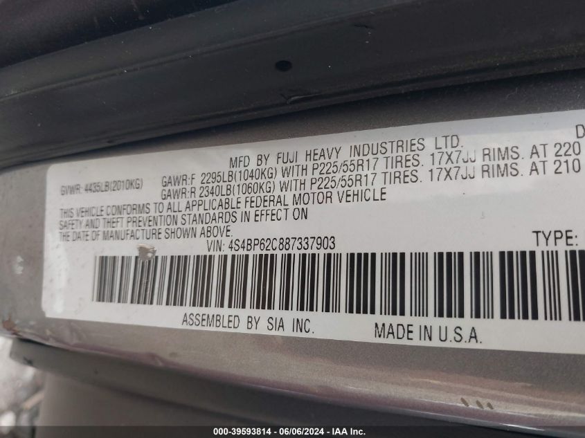 2008 Subaru Outback 2.5I Limited/2.5I Limited L.l. Bean Edition VIN: 4S4BP62C887337903 Lot: 39593814