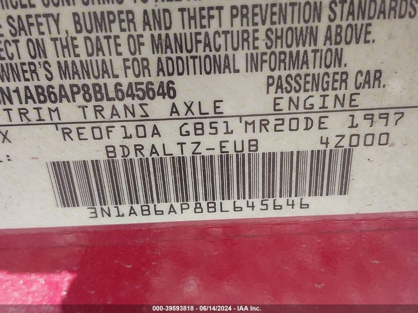 2011 Nissan Sentra 2.0Sr VIN: 3N1AB6AP8BL645646 Lot: 39593818