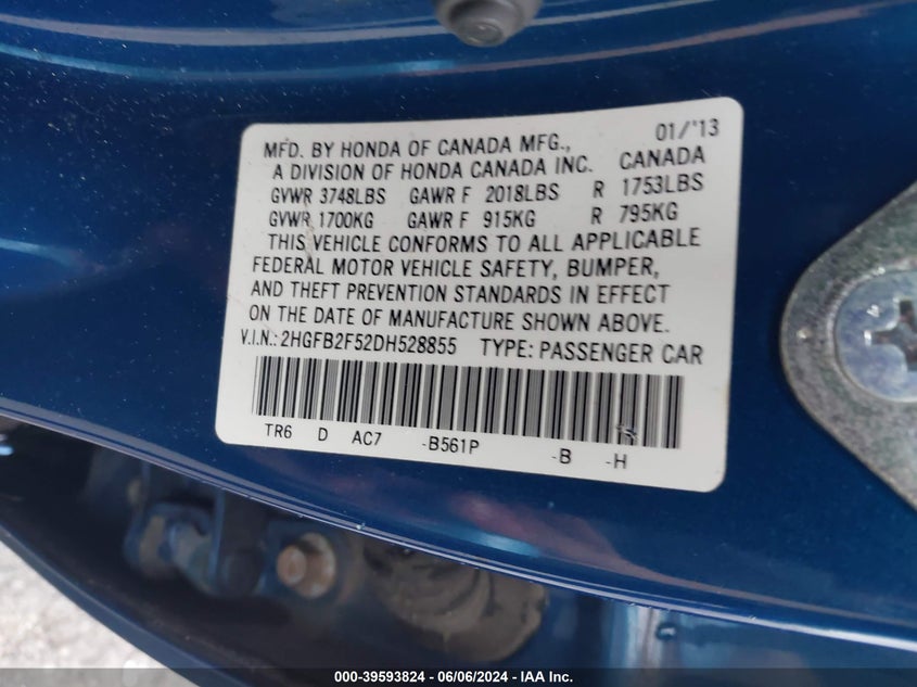 2013 Honda Civic Lx VIN: 2HGFB2F52DH528855 Lot: 39593824