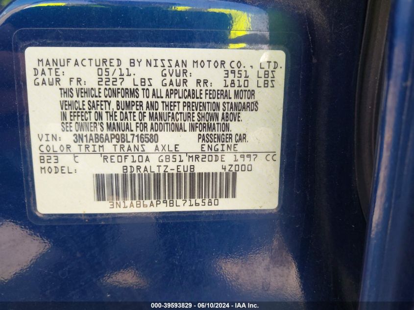 2011 Nissan Sentra 2.0S VIN: 3N1AB6AP9BL716580 Lot: 39593829