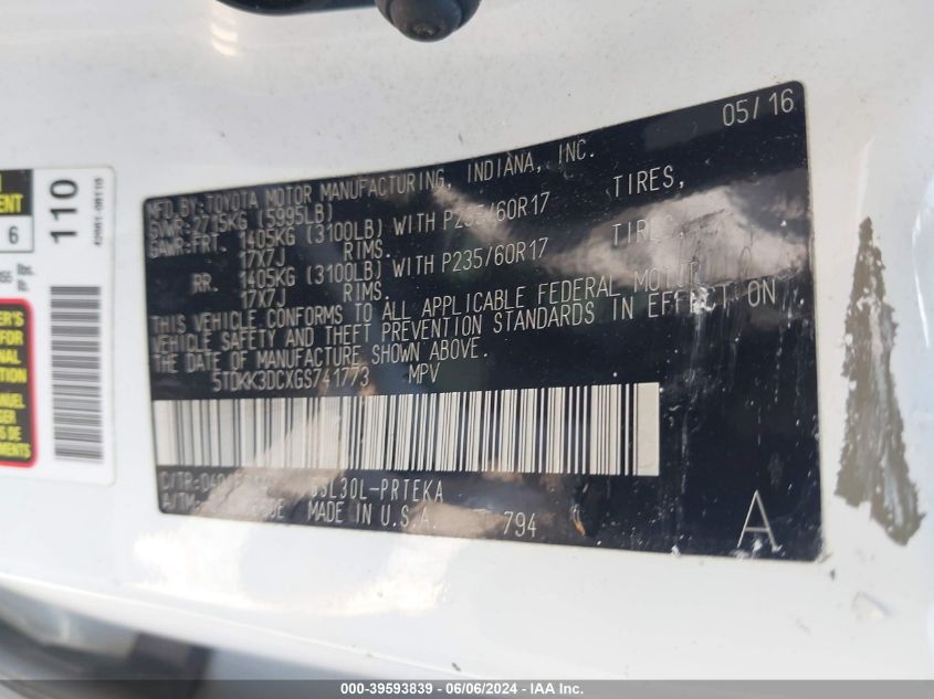 2016 Toyota Sienna Le 8 Passenger VIN: 5TDKK3DCXGS741773 Lot: 39593839