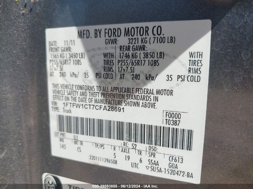 2012 Ford F-150 Xl VIN: 1FTFW1CT7CFA28691 Lot: 39593855