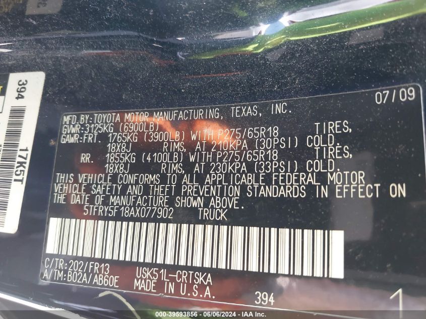 2010 Toyota Tundra Grade 5.7L V8 VIN: 5TFRY5F18AX077902 Lot: 39593856