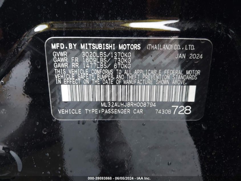 2024 Mitsubishi Mirage Es VIN: ML32AUHJ8RH008794 Lot: 39593868