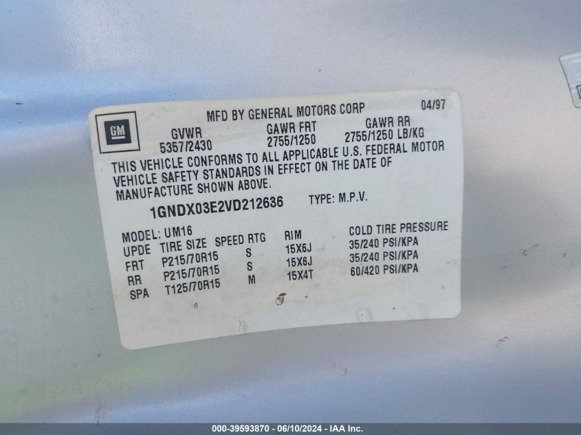 1997 Chevrolet Venture VIN: 1GNDX03E2VD212636 Lot: 39593870