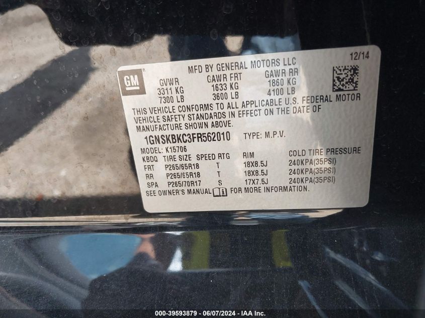 2015 Chevrolet Tahoe Lt VIN: 1GNSKBKC3FR562010 Lot: 39593879