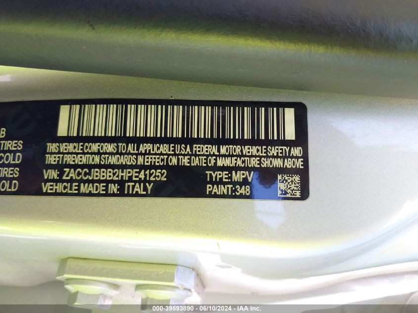 2017 Jeep Renegade Latitude 4X4 VIN: ZACCJBBB2HPE41252 Lot: 39593890