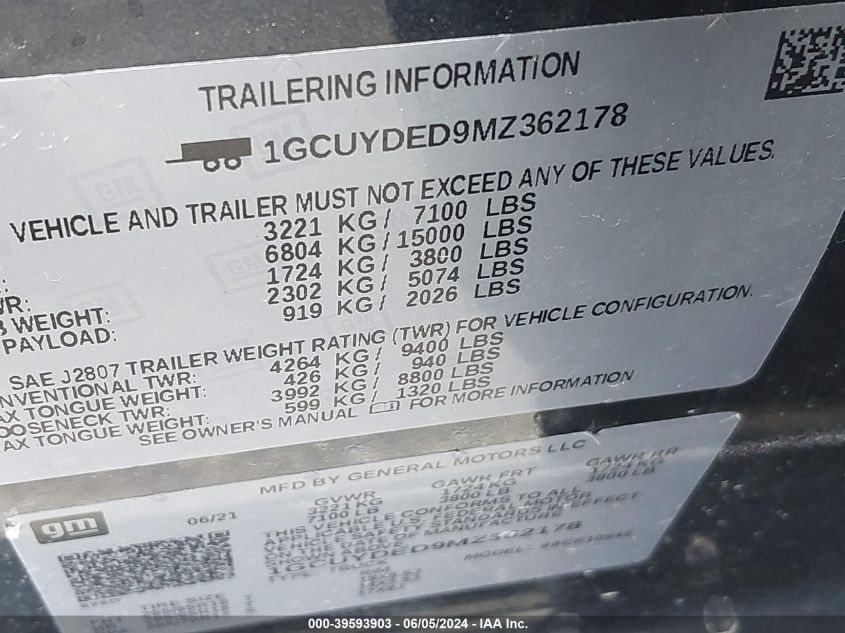 2021 Chevrolet Silverado 1500 4Wd Short Bed Lt VIN: 1GCUYDED9MZ362178 Lot: 39593903