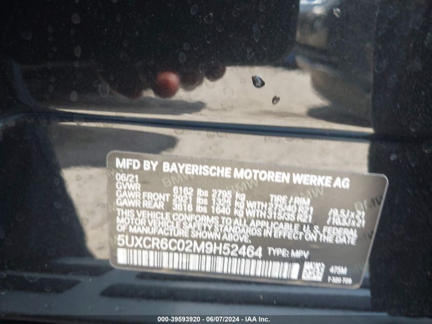 2021 BMW X5 xDrive40I VIN: 5UXCR6C02M9H52464 Lot: 39593920