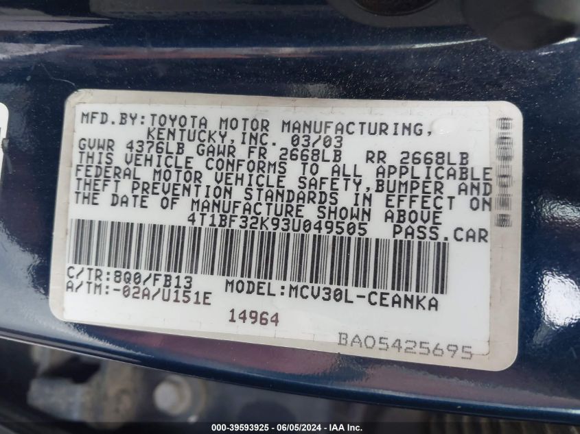 2003 Toyota Camry Le V6 VIN: 4T1BF32K93U049505 Lot: 39593925