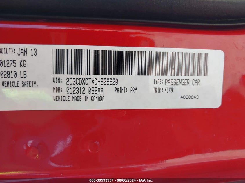 2013 Dodge Charger Road/Track VIN: 2C3CDXCTXDH629920 Lot: 39593937