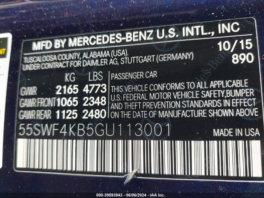 2016 Mercedes-Benz C 300 4Matic/Luxury 4Matic/Sport 4Matic VIN: 55SWF4KB5GU113001 Lot: 39593943