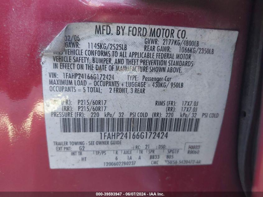 2006 Ford Five Hundred Sel VIN: 1FAHP24166G172424 Lot: 39593947