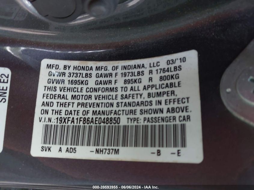 2010 Honda Civic Ex VIN: 19XFA1F86AE048850 Lot: 39593955