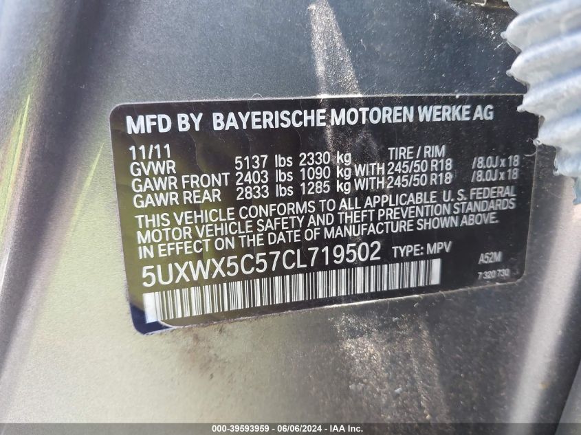 2012 BMW X3 xDrive28I VIN: 5UXWX5C57CL719502 Lot: 39593959